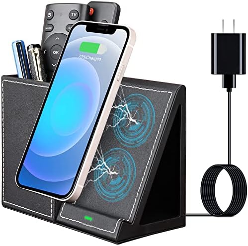 Wireless Charger with Desk Organizer, Wireless Charging Station for iPhone 13/13 Pro Max/13 Pro/12 Series/11/XS Max/XR/X/8Plus/SE 2, Wireless Charging Stand with Leather… (Black S) by LADSTAG