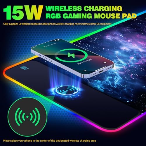 AIMSA RGB Gaming Mouse Pad with Wireless Charging, Large Keyboard Mouse Pad with 14 LED Light Modes, Non-Slip Rubber Base Waterproof Desk Pad for Home Office Decor, Blue Purple Cosmic Nebula - Image 3