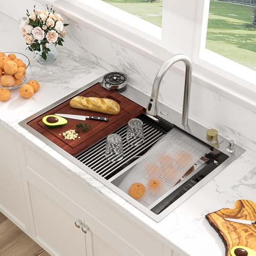 Sarlai 33 Inch Waterfall Kitchen Sink Workstation - 33x22 Waterfall Drop In Sink Stainless Steel 16 Gauge Sink Multifunction Single Bowl Smart Top Mount Kitchen Sink with Faucet Combo by Sarlai