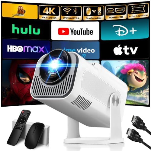 [Projector 2026 Upgraded] Mini Projector Support 4K 1080P Auto Keystone 270°Rotatable with WiFi 6 and Bluetooth 5.2 Projector Portable Compatibile with HDMI/TV Stick/Memory Stick/Laptop,White by NoneteProjector