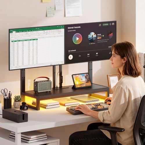 YAOHUOO Monitor Arm with LED,Adjustable Desk Monitor Mount for 3 Screens, Heavy Duty Fully Stand Riser with Clamp, Storage Shelf for Office,Living Room - Image 2