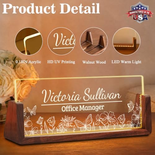 Custom Name Plate for Desk with LED Walnut Frame, Office Desk Decor - Image 2