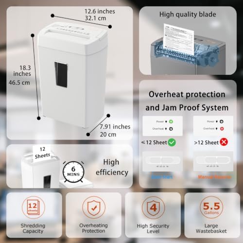 Bonsaii Heavy-Duty Cross-Cut Shredder, Handles up to 12 Sheets at Once, Providing P-4 high Security, Credit Cards, Mail & taples, 5.5-Gallon bin with a Transparent Window, Use in Home Offices, White - Image 2