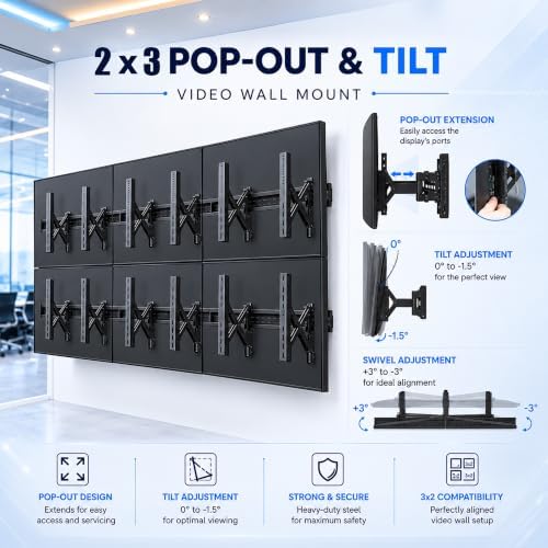 J-Tech Digital TV Video Wall Mount Kit, 2x3 Video Wall TV Mount Kit Fits 6 Screens 37” – 65” with Adjustable Tilt Leveling Pop Out Arms, Wide VESA Range, 154lbs Per Display [JTECH-VMM-KIT23] - Image 3