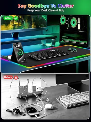 Mouse Pad with Wireless Charger Foldable Phone Holder, XXL RGB Gaming Mousepad 31.5"x15.8" Large Desk Mat for Keyboard, Black Desk Pad with Dual Qi Charging Station, 11 Colors 5 Modes - Image 6
