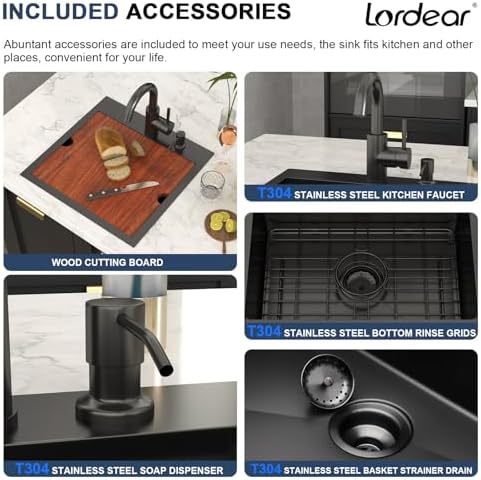 Lordear 18x18 Matte Black Bar Sink with Faucet Drop In T304 Stainless Steel - Image 6