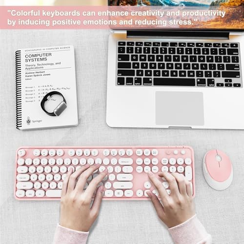 Wireless Keyboard and Mouse Combo, Ergonomic Full Size Typewriter Retro Round Keycaps Keyboard, Compatible with Windows, PC, Perfer for Home and Office Keyboards (Lovely Pink) - Image 7