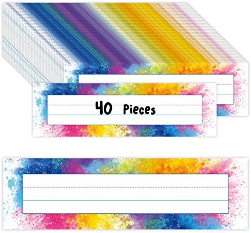 40PCS Desk Nameplates, Double Sided PET Film Desk Name Tags Student Name Labels Erasable & Reusable Traditional Manuscript Name Plates for School Classroom Organization (10” x 2.8”, Watercolor) by Gethelud