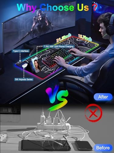XXL Mouse Pad with Phone Holder - Black, RGB Desk Mat with 15W Fast Charging, LED Gaming Mousepad with 11 Light Colors, Waterproof Non-Slip Pad for Office & Home (Topographic) - Image 2