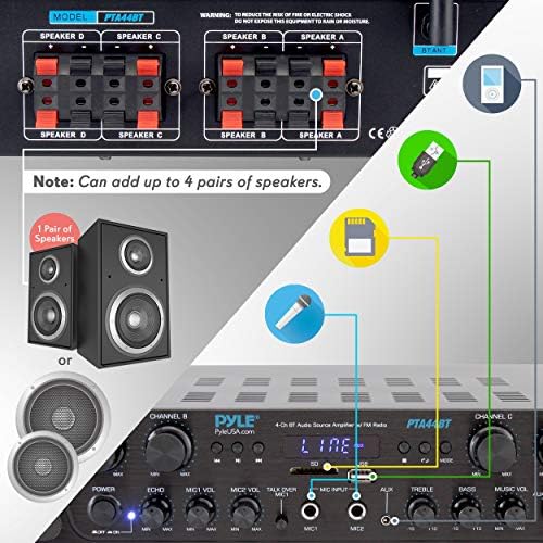 Pyle 500W Karaoke Amplifier with Bluetooth - 4 Channel Stereo Output, Front Panel Aux In, MIC1 / MIC2, Mic Vol with Echo / Talk Over, USB-A, SD/MMC, Sub Out, Rec Out - Home / Commercial -PTA44BT.5 - Image 5