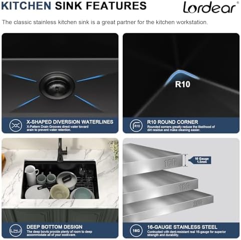 Lordear 28x18 Matte Black Kitchen Sink - 28 Inch Undermount Kitchen Sink Ledge Workstation Black T304 16 Gauge Stainless Steel Single Bowl Under Counter Kitchen Sink Basin with Built- in Accessories - Image 5