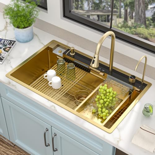 36"x22" Drop In Waterfall Kitchen Sink - Brushed Gold NANO-PVD, 16 Gauge 304 Stainless Steel, Ledge Workstation Single Bowl Top Mount Smart Waterfall Sink with Faucet Combo & Glass Rinser by FULORNI