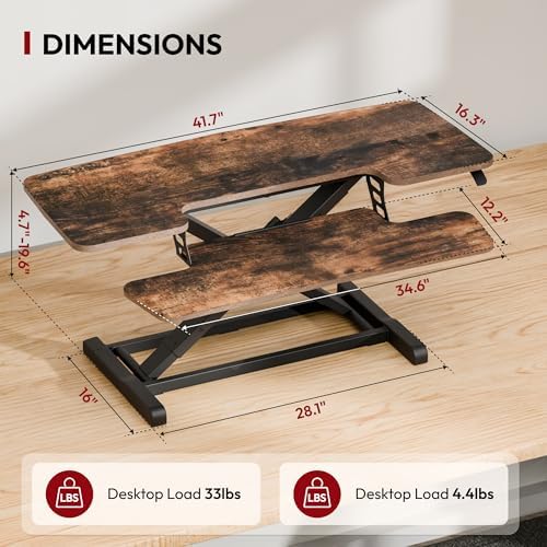 SANODESK 42" Extra Large Standing Desk Converter, Effortless Lift Sit-Stand Riser, Heavy Duty Multi-Device Workstation, Spacious Ergonomic Desktop Riser, Rustic Brown - Image 2