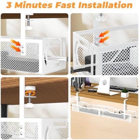 Under Desk Cable Management Tray, No Drill Steel Desk Cable Organizers, Wire Management Tray Cable Management Rack (24.4" Length-White) - Image 7