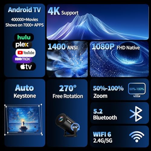 [Built-in Apps & 2026 Upgraded] Mini Projector with WiFi 6 and Bluetooth 5.2 Support 4K 1080P Auto Keystone 270° Rotatable Projector Portable Compatibile with HDMI/TV Stick/Memory Stick/Laptop, Black - Image 3