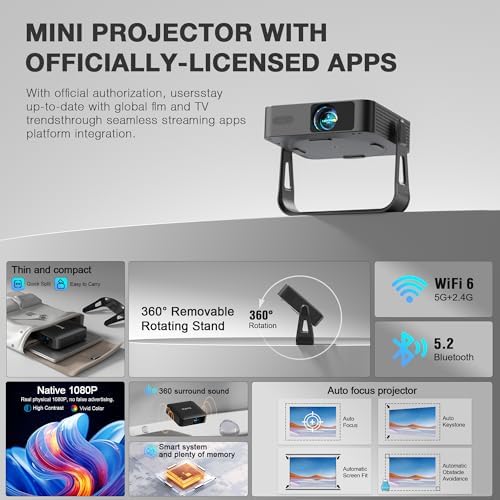 [2000 ANSI & Auto Focus]Black Smart Mini Projector with WiFi and Bluetooth, XuanPad 4K Support Movie Projector, Portable Native 1080P Outdoor Projector with 360° Stand - Image 4