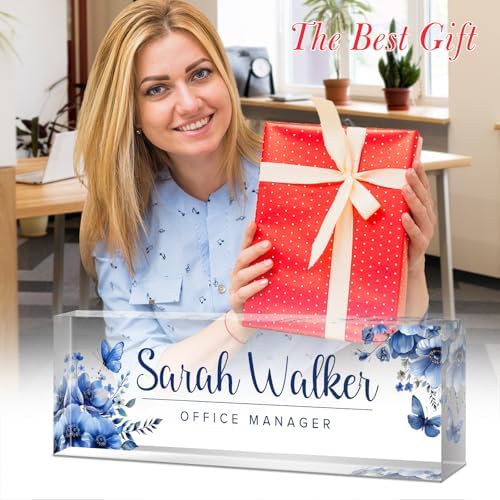 Desk Name Plate Personalized, Custom Name Plates for Desks, Office Desk Decor, Flowers Clear Acrylic Glass Block, Personalized Office Gifts for Women Men Boss Teachers Coworkers Appreciation Gifts - Image 5