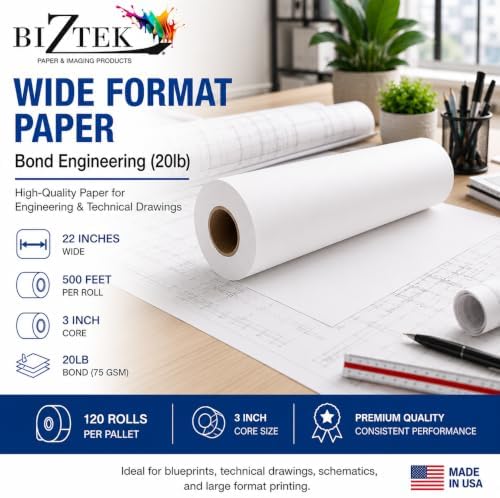 Wide Format Paper 22" x 500' Rolls Bond Engineering (20lb | 120 Rolls| 24 In x 500 Ft | 3" Core) - Image 4