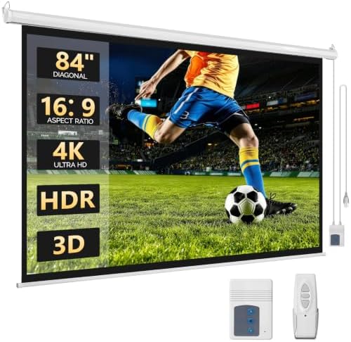 Motorized Projector Screen with Remote Control, No Wrinkles, Without Dents, HD Screen, for Home Theater Office Classroom TV Usage (84in 16:9) by Kshioe