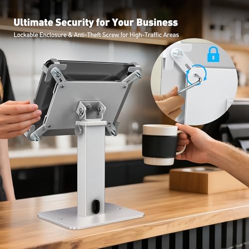 AboveTEK Anti-Theft iPad Kiosk Stand, 360 Rotation & Adj. Height 8.3"–13.4", Heavy-Duty Steel & Aluminum, Fits 9.7"-13" Tablets, Security Retail POS Tablet Stand for Business & Commercial Use (Silver) - Image 2