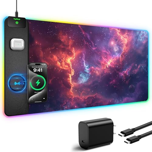 RGB Gaming Mouse Pad with Wireless Charging, Large Desk Mat, Red Nebula - Image 2