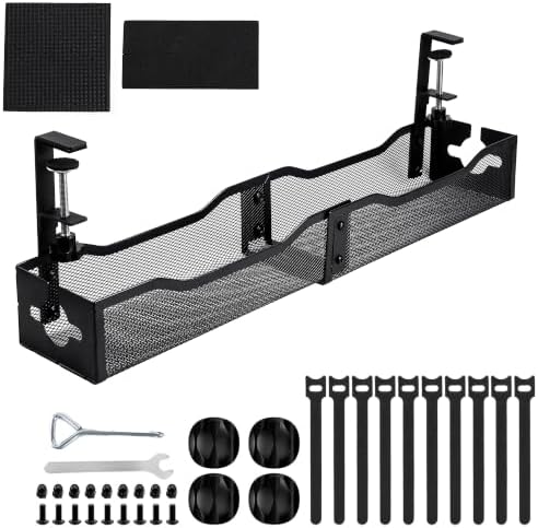 Under Desk Cable Management Tray - 25" No Drill Under Desk Cord Management with Clamp, Metal Desk Cable Organizer & Wire Management Tray for Standing Desk, Home Office Cord Organizer, Black by Unknown