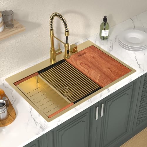 Lordear 33 Inch Drop In Kitchen Sink 33x22 Gold Single Bowl Workstation Stainless Steel 16 Gauge Handmade Topmount Kitchen Sinks with Cutting Board - Image 2