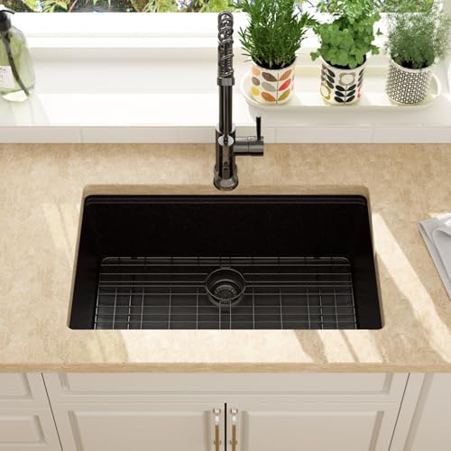 Lordear 28 Inch Black Granite Composite Kitchen Sink Workstation 28x19 Matte Black Undermount Quartz Sinks Under Counter Single Bowl Sink with Black Accessories - Image 4