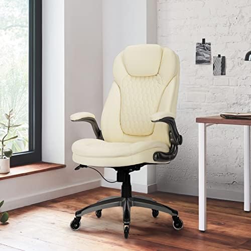 COLAMY Ergonomic High Back Office Chair, Ivory Bonded Leather Executive Desk Chair with Flip-up Arms, Thick Cushion, Silent Nylon Wheels, Adjustable Height & Rocking Function, 300lbs Capacity - Image 7
