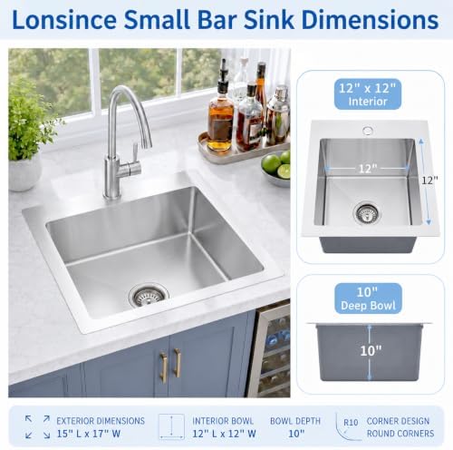Drop In Bar Sink 15 X 17 inch,16 Gauge Stainless Steel Bar Sink - Image 3