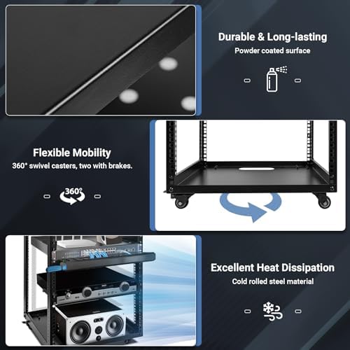 15U Open Frame Server Rack, Wall-mountable IT Rack w/Swivel Casters, 2 Rack Shelves, Top & Bottom Panels, Network Rack for Stereo/Computer/Data/IT/AV Equipment, 19.7”L x 18.8”W x 32.3”H - Image 5