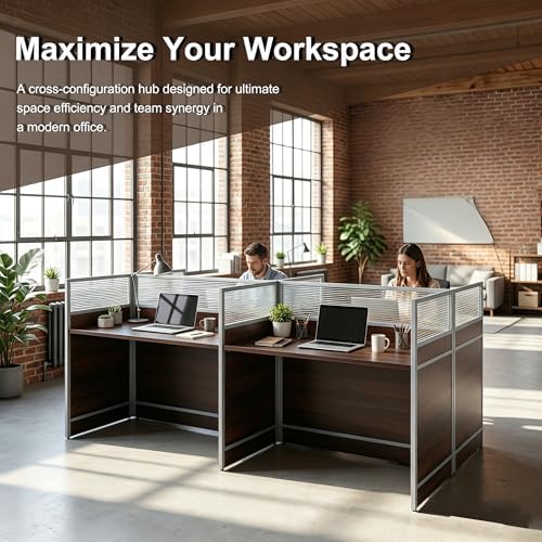 4-Person Office Cubicle Workstation Desk with Mute Privacy Panels & Cable Management, Computer Cubicles Desk for Home & Commercial Office Use, Walnut Finish - Image 4