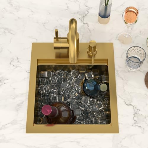 Bar Sink - Lordear 13x15 Gold Drop In Bar Sink with Faucet Soap Dispenser Workstation 16 Gauge T304 Stainless Steel Single Bowl Top Mount Wet Bar RV Prep Outdoor Kitchen Sink 13x15x9 Inch - Image 2