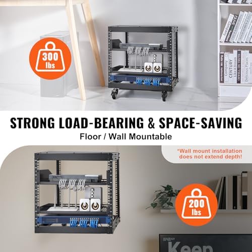 VEVOR 9U Open Frame Server Rack, 23''-40'' Adjustable Depth, Free Standing or Wall Mount Network Server Rack, 4 Post AV Rack with Casters, Holds All Your Networking IT Equipment AV Gear Router Modem - Image 3