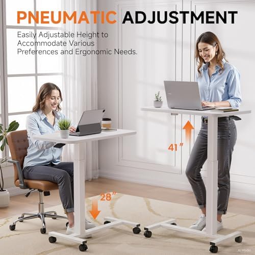 GTPLAYER Small Standing Desk with Lockable Wheels, Pneumatic Mobile Rolling Laptop Desk,Adjustable Height Overbed Bedside Table Computer Workstation for Home Office (32" W x 18" D, White) - Image 4