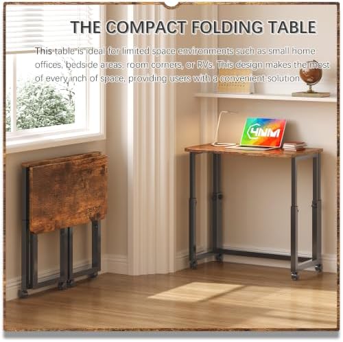 4NM No Tool Assembly 27.5" Small Desk, Folding Portable Desk with Wheels, Foldable Computer Home Office Desks, Collapsible Study Writing Table for Space Saving Bedroom - Rustic Brown - Image 3