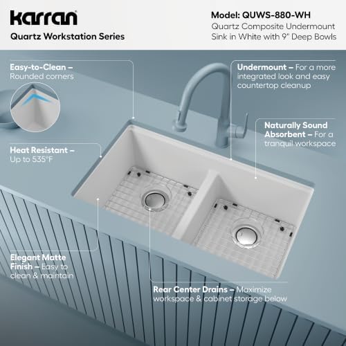 Karran 32.5" White Quartz Composite Undermount Double Bowl Workstation Kitchen Sink, 50/50 Chef Prep Station with Cutting Board, Roll-Up Mat, Colander, Bottom Grids and Accessories – QUWS-880 - Image 3