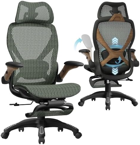 ELABEST X100 Ergonomic Mesh Office Chair with Footrest, Big and Tall Home Desk Chair with 5D Flip-Up Arms, Adjustable 3D Lumbar Support, Gaming & Executive Computer Chair (Forest Ranger) by ELABEST