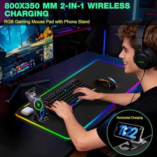 RGB Gaming Mouse Pad Wireless Charging Desk Mat with Foldable Phone Stand, Large LED Gaming Mat 800x350x4mm, 15 Light Modes, Waterproof, Keyboard Pad for PC Computer, Includes 20W PD Power Adapter - Image 2