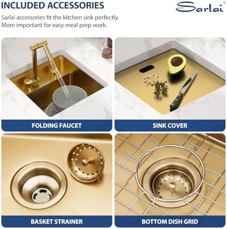 Sarlai Outdoor Sink, 15x15 Inch Gold Undermount Kitchen Sink Workstation with Foldable Faucet Bar Prep Single Bowl Gold Kitchen Sinks16 Gauge Stainless Steel BBQ Sinks with Cover 15"x15"x9" - Image 6