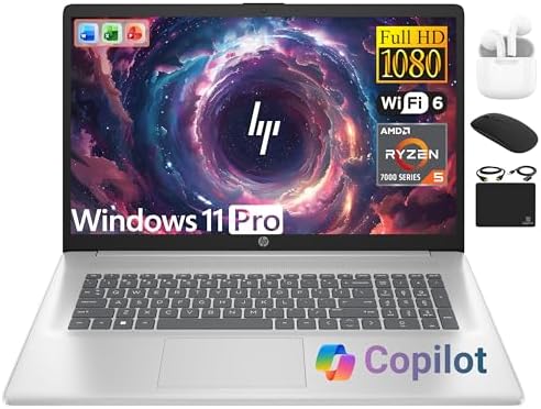 HP 17 Laptop Essential Computer, 17.3 IPS FHD Business PC, 6-Core AMD Ryzen 5, 16GB RAM, 1.5TB Storage (1TB SSD + 500GB Ext), Windows 11 Pro Copilot AI Lifetime Office, HubxcelAccesory, Number Pad by Unknown