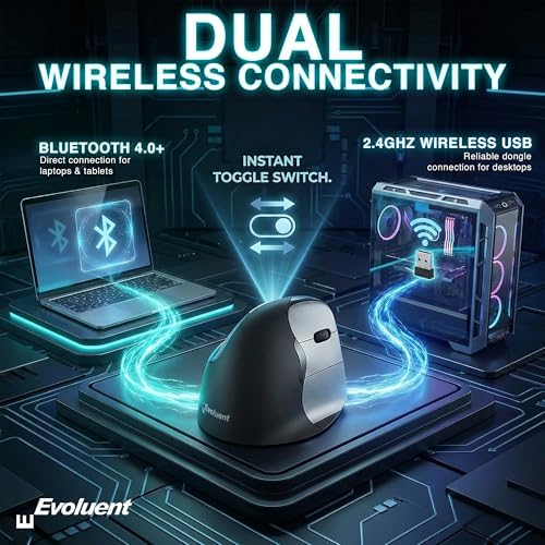 Evoluent – The World's Original Vertical Mouse – VMC Classic Wireless USB/Bluetooth Ergonomic Mouse Right Hand M-L, Sculpted Comfort, 4 Speeds, Non-Programmable Copy & Paste Buttons - Image 4