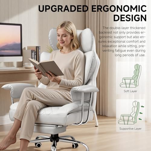 COMHOMA Big and Tall Gaming Chair with Pocket Spring Lumbar Support, Ergonomic Office Chair with Footrest, Executive Desk Chair with Outward Fixed Soft Armrests, Computer Chair with High Back, White - Image 5