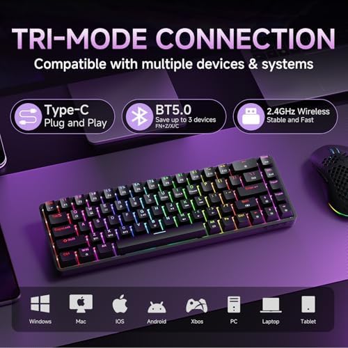 DIERYA DK68 60% Wireless Mechanical Gaming Keyboard, 3-Mode, Bluetooth 5.0/2.4G/USB-C, RGB Backlit, 68-Key Compact Mini for Windows, Mac, Linux - Clicky Blue Switch - Black - Image 2