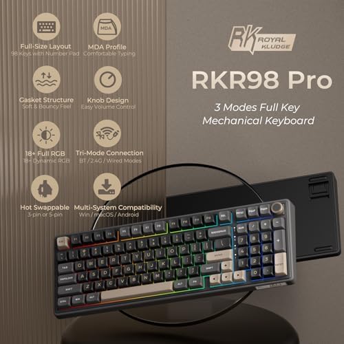 RK ROYAL KLUDGE R98 Pro Wireless Mechanical Keyboard, Creamy Bluetooth/2.4GHz/Wired RGB Gaming Keyboard with Number Pad and Knob, MDA Profile PBT Keycaps, Gasket Hot Swappable Linear Switch, Black - Image 2
