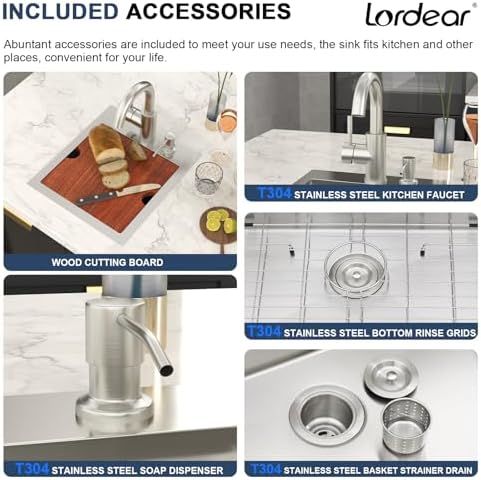 Bar Sink - Lordear 13"x15" Drop In Bar Sink with Faucet T304 16 Gauge Stainless Steel Workstation Small Wet Bar Prep Island Handmade Kitchen Sinks, 13x15x9 Inch - Image 5