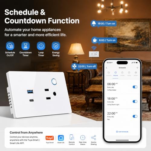 Melery Smart WiFi Wall Outlet with USB-A & 30W USB-C PD Fast Charging, 15A Smart Receptacle, Smart Life/Tuya App Remote Control, Compatible with Alexa & Google Home, Timer & Schedule - Image 6