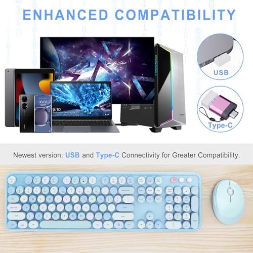 Wireless Keyboard and Mouse Combo, Ergonomic Full Size Typewriter Retro Round Keycaps Keyboard, Compatible with Windows, PC, Perfer for Home and Office Keyboards (Blue - Image 2