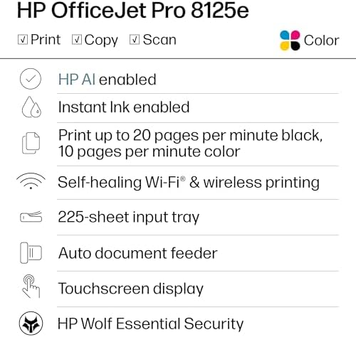 HP OfficeJet Pro 8125e Wireless All-in-One Color Inkjet Printer, Print, scan, Copy, ADF, Duplex Printing Best-for-Home Office, 3 Month Instant Ink Trial Included, AI-Enabled (405T6A) - Image 2