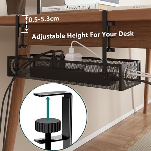 No-Drill Under Desk Cable Management Tray - Tool-Free Installation with Dual Silicone Pads | No Adhesive, No Magnets, No Residue | Heavy-Duty Steel Construction for Wood & Glass Desktops (Black) - Image 3